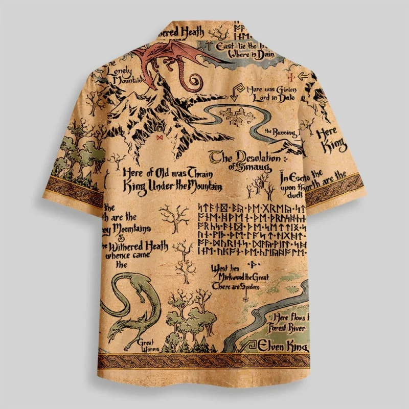 Men's Clothing Retro Style Medieval Science Fiction Map Button Up Pocket Shirt 2026 Summer Short Sleeve Vintage Cuban Collar Top