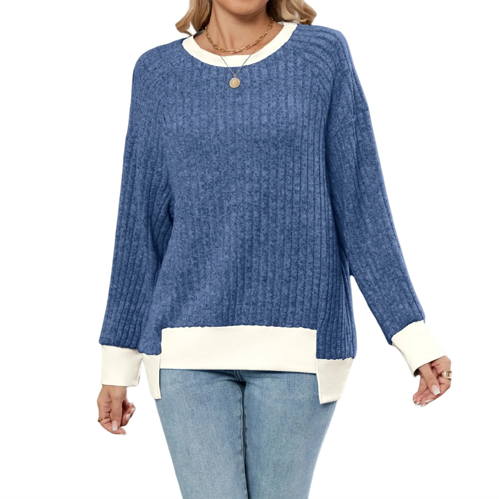 

CGS-Long Sleeve Shirts For Women Tunic Tops Loose Fit Cute Casual Color Block Ribbed Knit Tops Sweaters