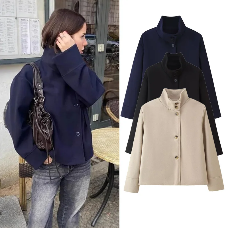 

PRINTKAOIR черные смешанные пальто, женские однобортные однобортные куртки с воротником-стойкой и длинными рукавами, осень-зима 2021, женская верхняя одежда