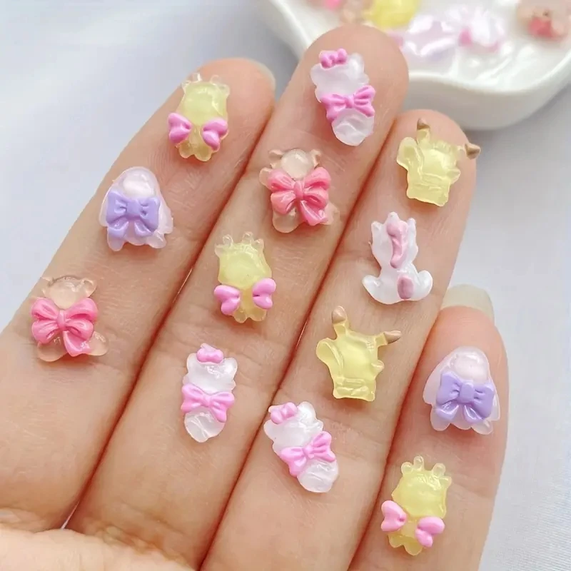 20pcs Cartoon Cute Bow Animal Nail Charms Accessories Colorful Transparent Flatback Resin 3D Nail Parts For DlY Nail Rhinestones