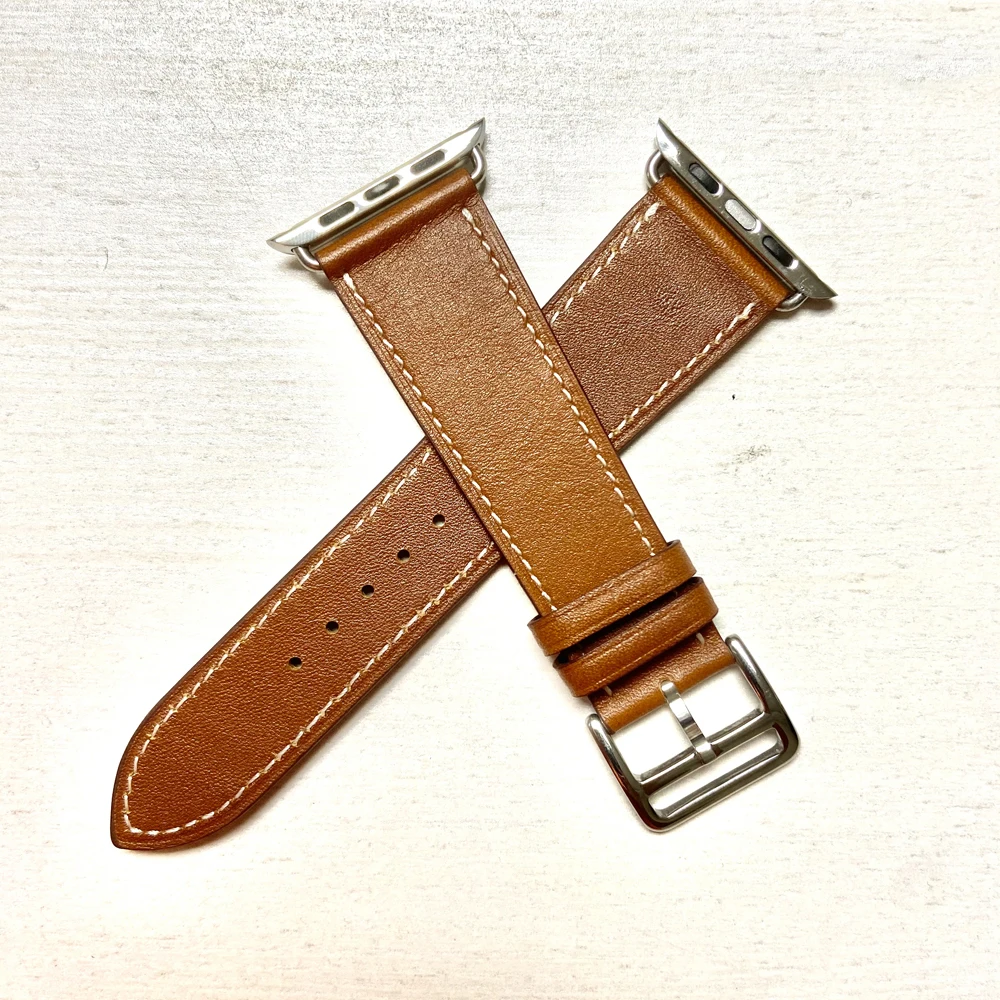 Tali jam tangan Apple, tali gelang kulit asli untuk iWatch Series Ultra Sport SE, gesper baja H klasik