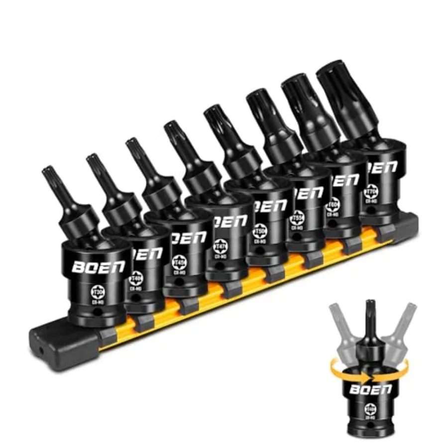 

8-Pieces Universal Torx Bit Driver Impact Socket 1/2" Drive Size T30 T40 T45 T47 T50 T55 T60 T70 With Socket Rail CR-MO Steel