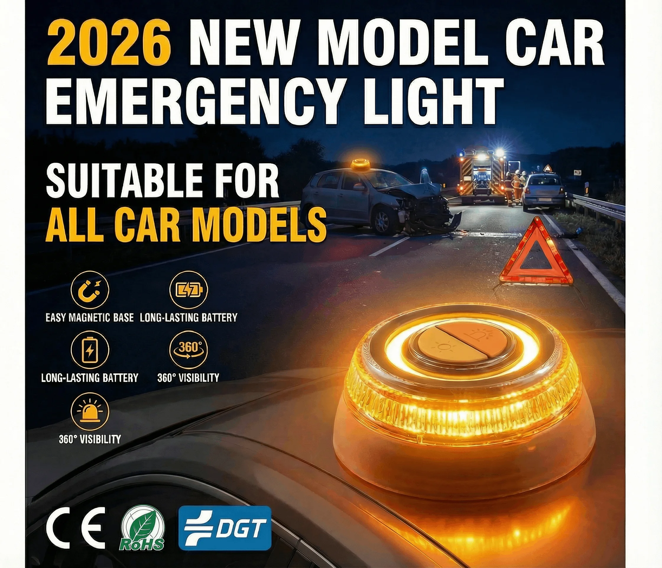 

2026 V16 car must-have Emergency light Spanish DGT 3.0 Car Emergency Light Magnetic Indu360 Degree Vison Warning Help Flash