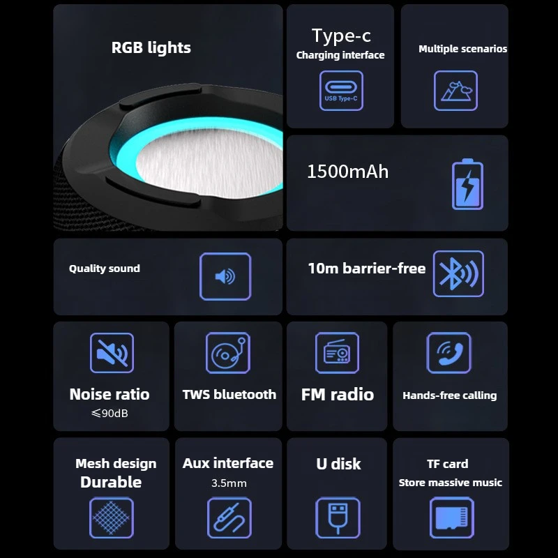 Fabric Bluetooth Speaker Mini New Wireless Portable TWS Speaker with Colorful RGB Light for Outdoor Riding Phone Call FM Radio - Image 3