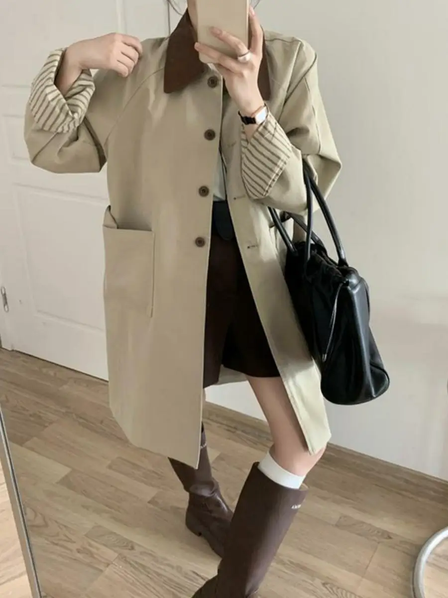 Giacca a vento da donna di media lunghezza con colletto a blocchi di colore sciolto Capispalla autunnale i Cappotto colorato Comodo casual Sle