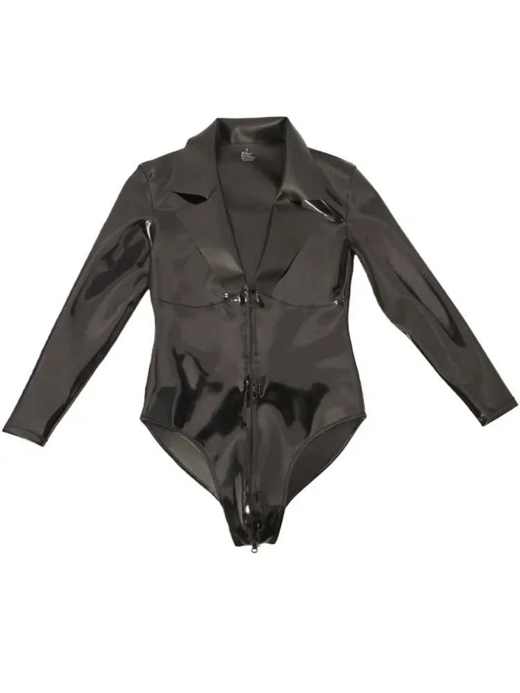 XS-3XL Double Sided PU Leather Long Sleeve Tshirt Leotard Wet Look PVC Zipper Open Crotch Bodysuit Tights Body Teddies Leotard