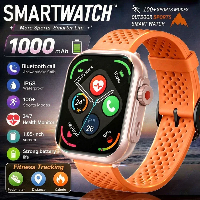 Montre connectée HD intelligente Ultra K62 avec batterie 1000 mAh, pour hommes et femmes, fréquence cardiaque, plus de 100 sports, appels Bluetooth HD, étanche IP68, nouvelle version 2026