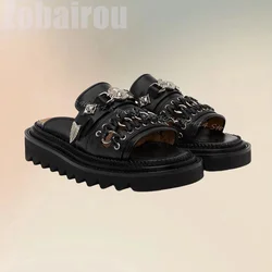 Metal Decor Black Knitted Design Open Toe Slippers Fashion Slip On Men Shoes Luxurious Handmade Party Banquet Men Casual Shoes