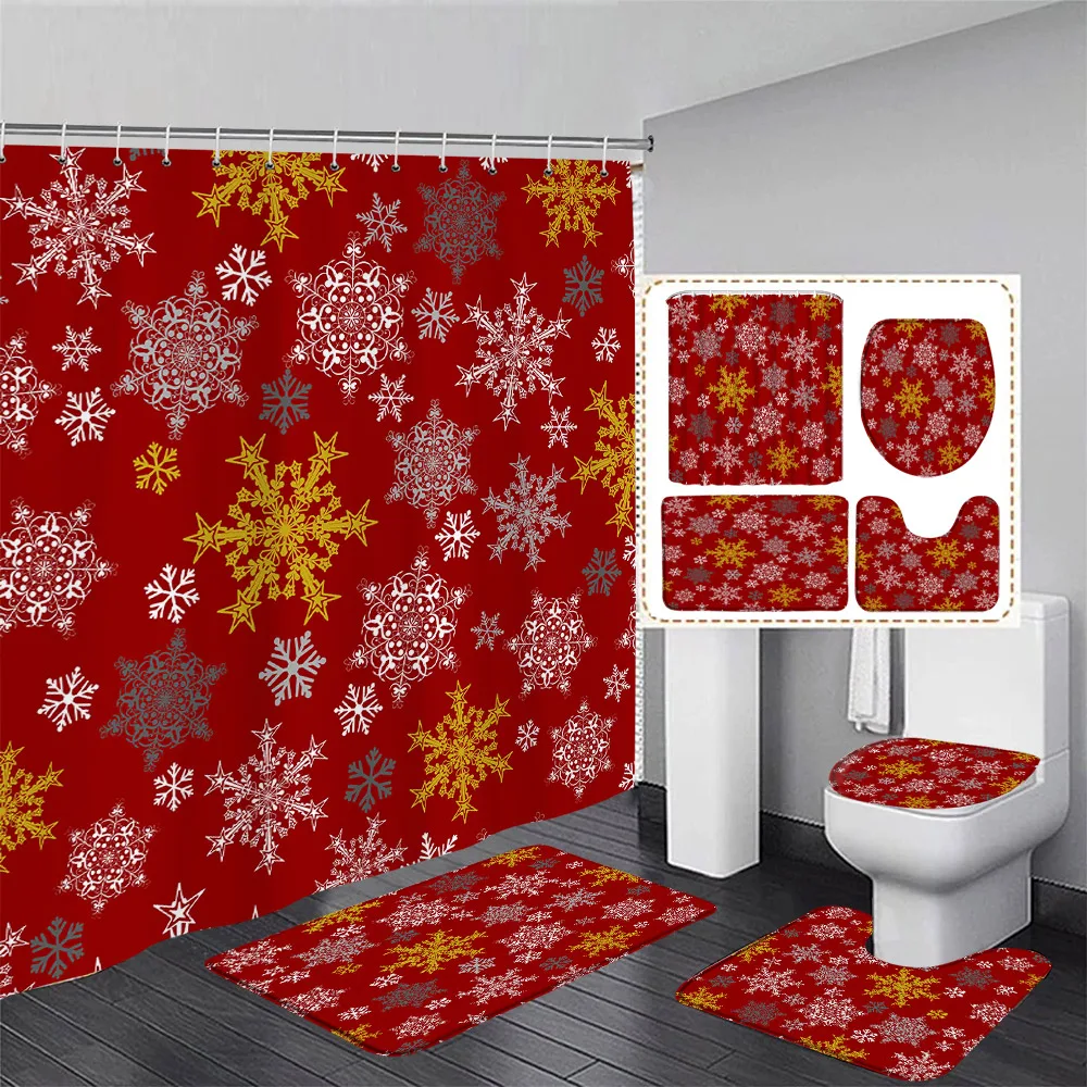 Funny Snowman Christmas Shower Curtain Set Fir Branch Snowflake Buffalo Plaid New Year Xmas Bathroom Decor Bath Mat Toilet Cover