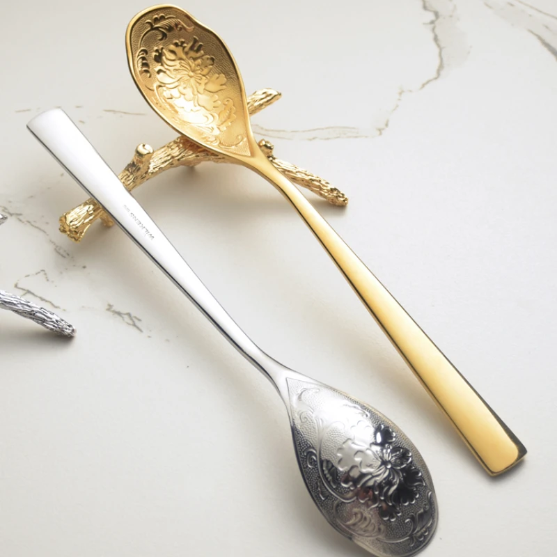 

European Style Gold Silver Embossed Soup Dish Spoon 304 Stainless Steel Soup Spoon Simplicity Household Kitchen Retro Tableware