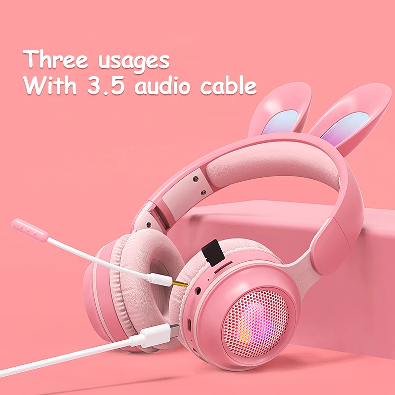 Auriculares inalámbricos con orejas de conejo para niños, audífonos con micrófono, música, Bluetooth, para juegos, novedad