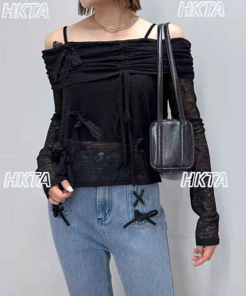 Japanse Niche Ontwerp Retro Zachte Stijl Zoete Boog Lange Mouw T-shirt Vrouwen Herfst Nieuwe Onregelmatige Off-Shoulder Top t-shirt