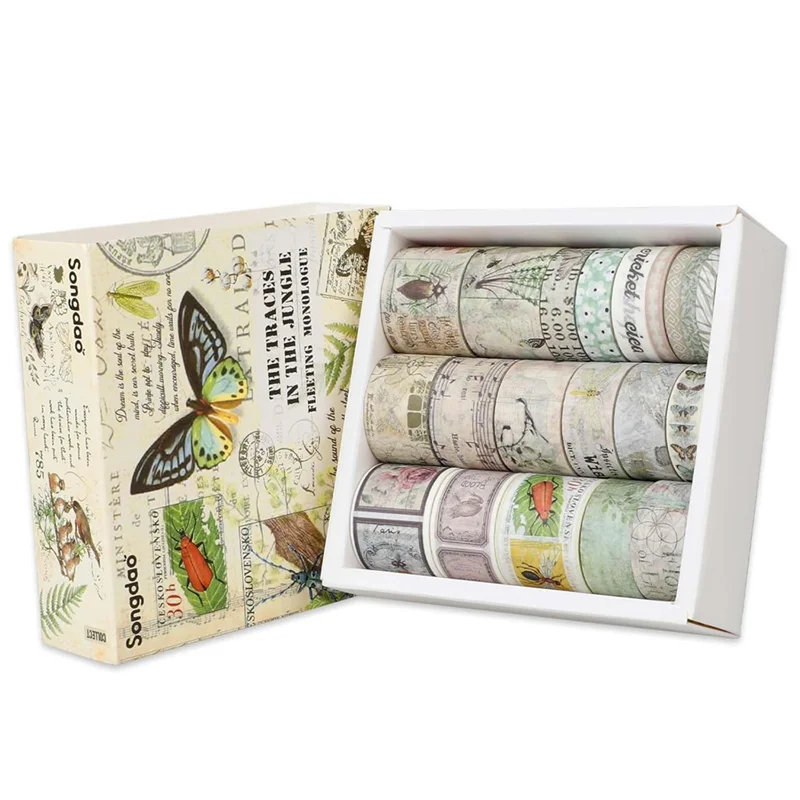 

A01F-Vintage Washi Tapes Set, 20 Rolls Craft Tape Floral Butterfly Botanical Washi Masking Tape Roll Writable Decorative Tape