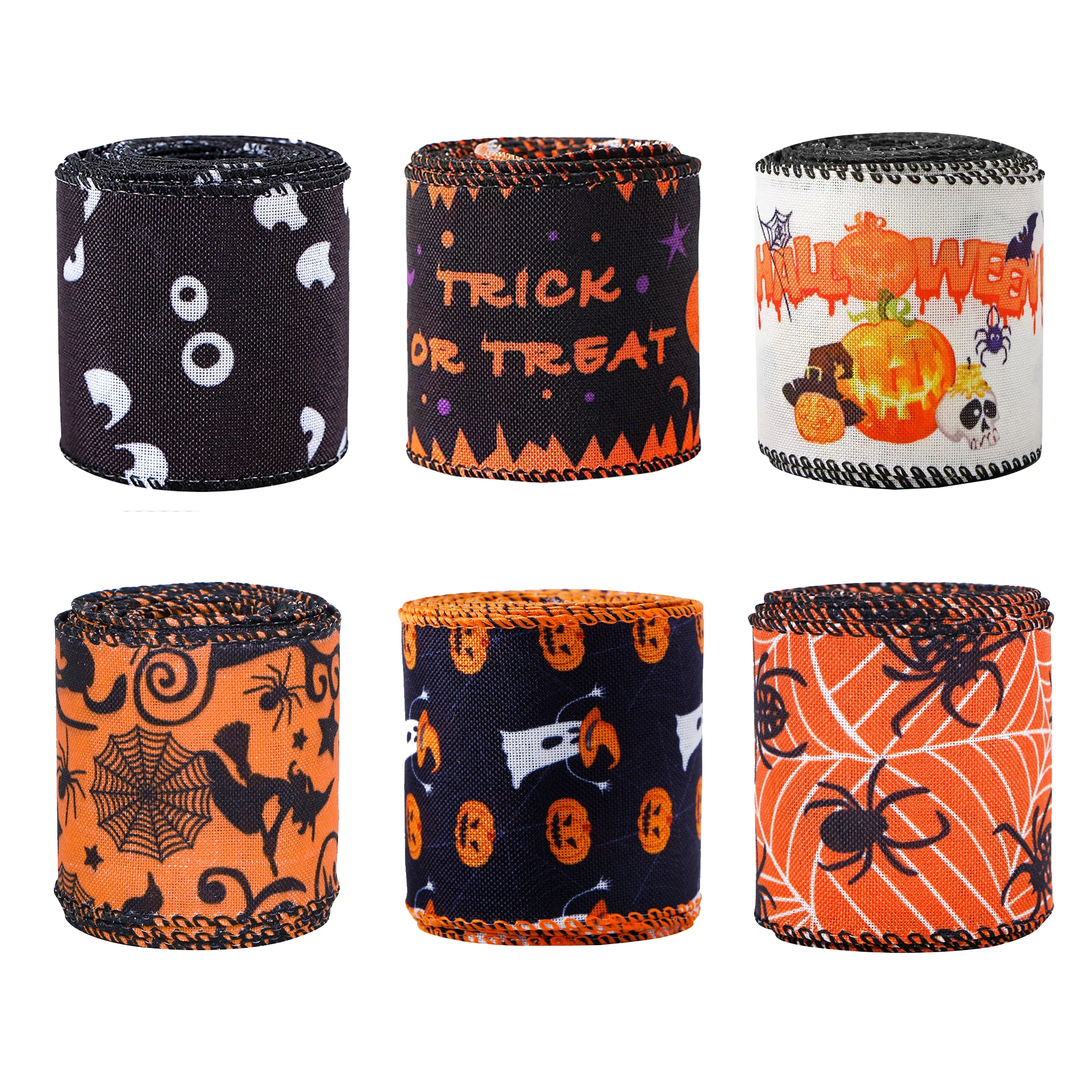 Halloween Wired Edge Ribbon 2.5 Inch Spider Pumpkin Skull Bats Printed Halloween Home Wreaths decorate