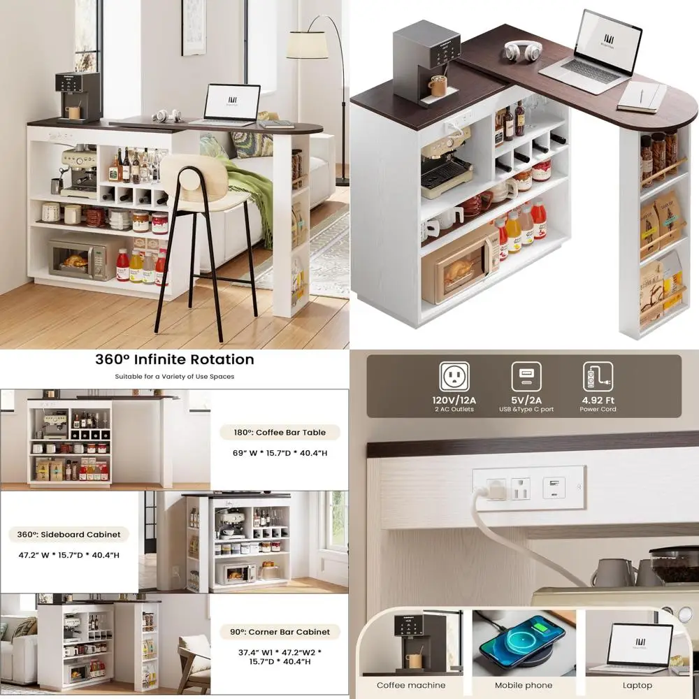 Rotating 360° Home Bar Cabinet with Storage and Power Outlet, Multipurpose Breakfast Bar, Sideboard, Coffee Table