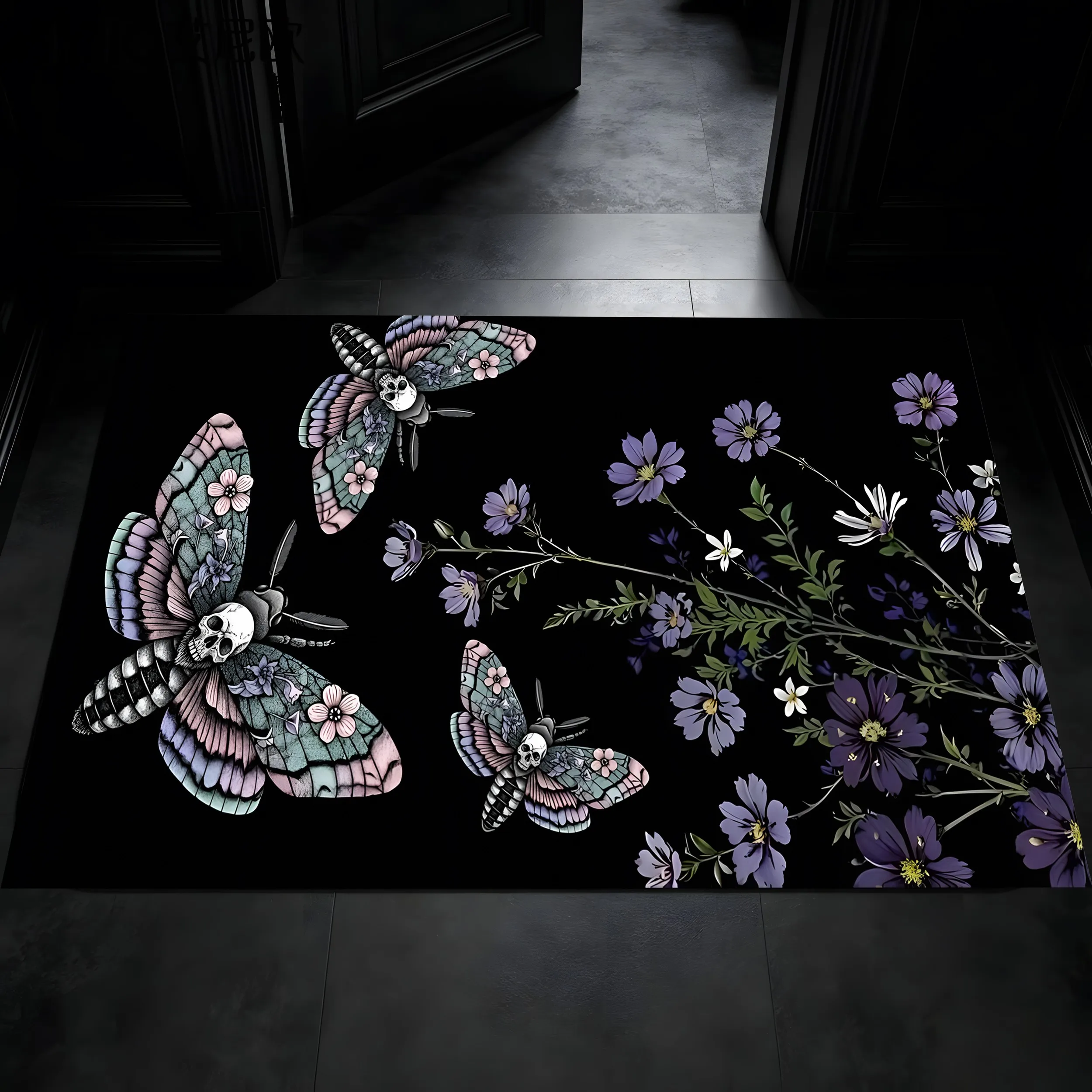 Skull Moth Purple Floral Print Dark Gothic Halloween Velvet Rug for Entryway Bedroom Bedside Living Room Decor