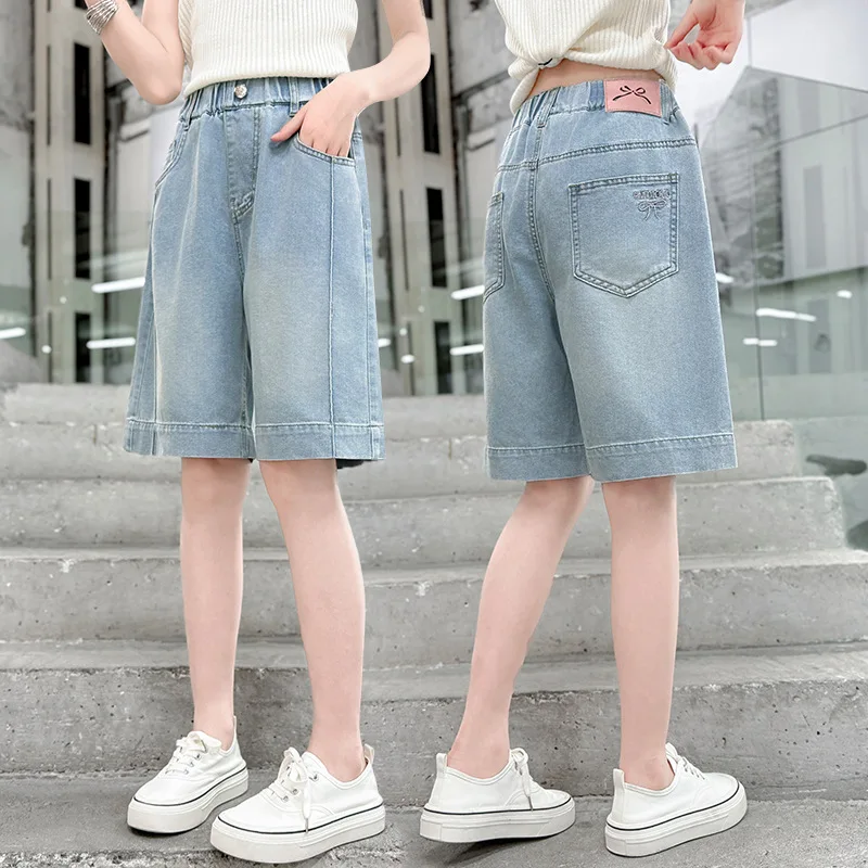 Summer Destroyed Broken Shorts Children Cool Street Bottoms Slim Fit Kids Ripped Denim Shorts with Bow For Teenage Girls Casual