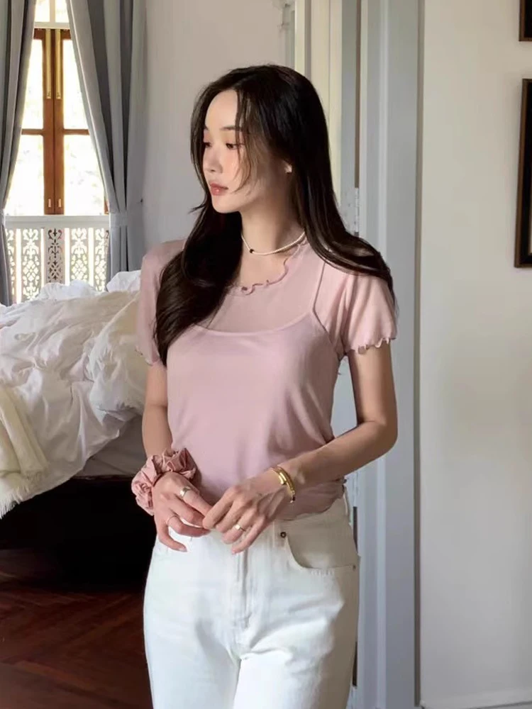 Slim Fit Ort Sve T-Shirt Holzohr SLE Dünne Oberbekleidung Sommer Vielseitiges schickes Tanktop-Set mit Gürtel für junge Frauen