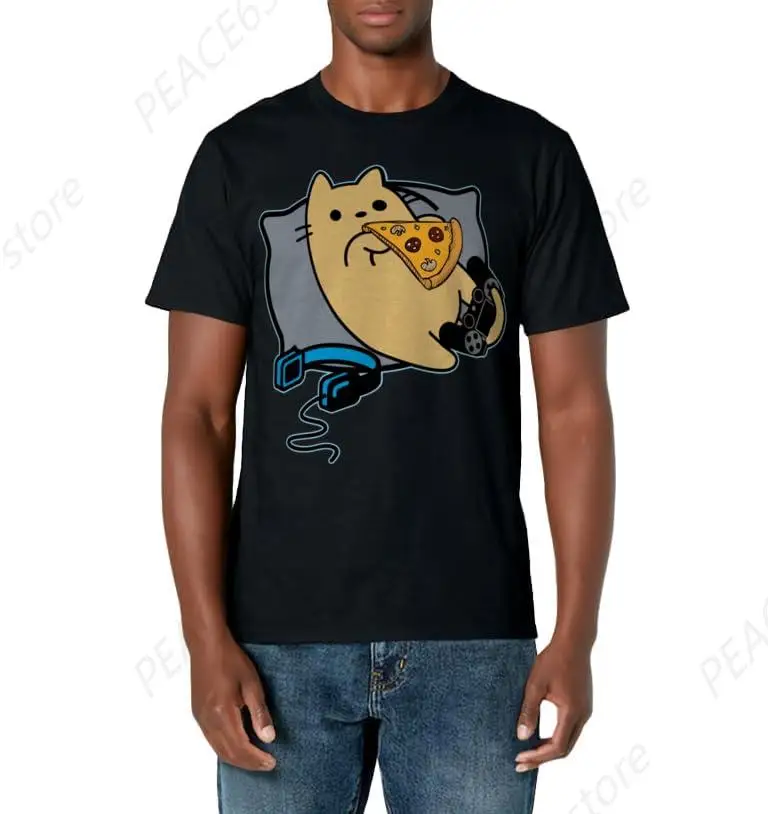 Cute Pizza Eating Gamer Cat Game Paused T-Shirt Cotton Short Sleeve All Seasons Home Game Room Tee