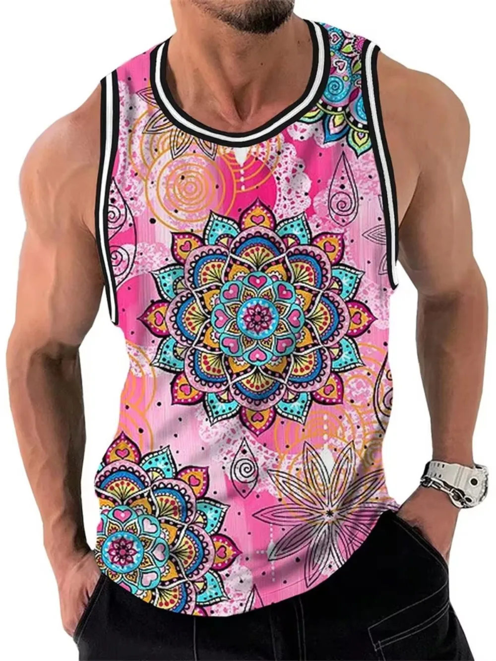 Retro Lotus Flower Pattern 3D Printing Men's  Vests - Casual Streetwear Outdoor Sports with Breathable and Quick-Drying Clothing