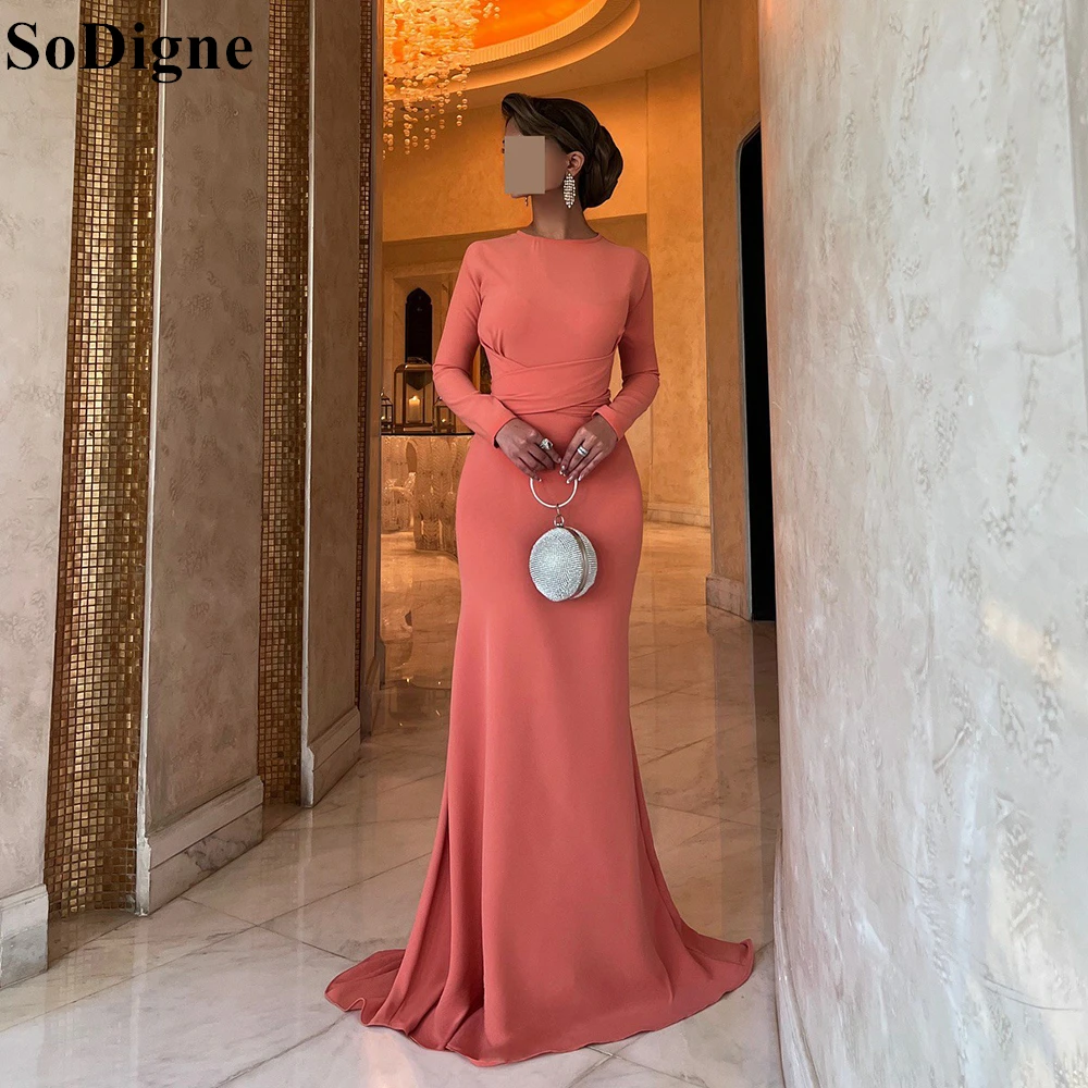 SoDigne Blush Orange Mermaid Evening Dresses O-Neck Long Sleeves 2024 Modest Saudi Arabia Formal Prom Gowns for Women Dubai