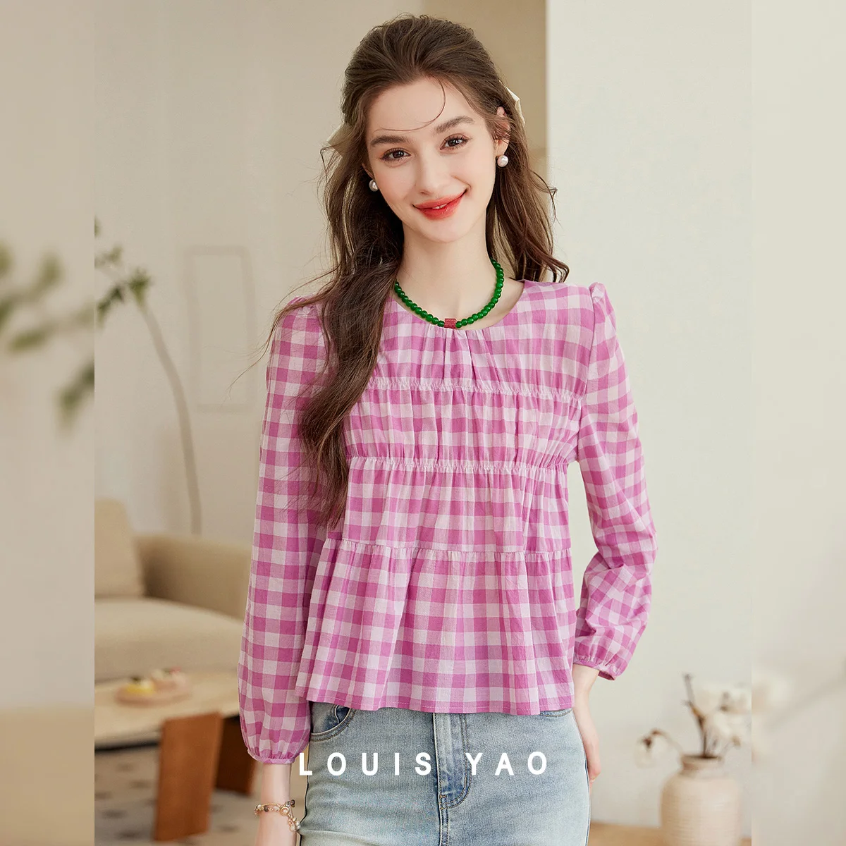 

LOUIS YAO Vintage Plaid 100% Cotton Women's Blouse 2026 Spring/Autumn Commute Non-Stretch Pullover Round Neck Long Sleeved Shirt