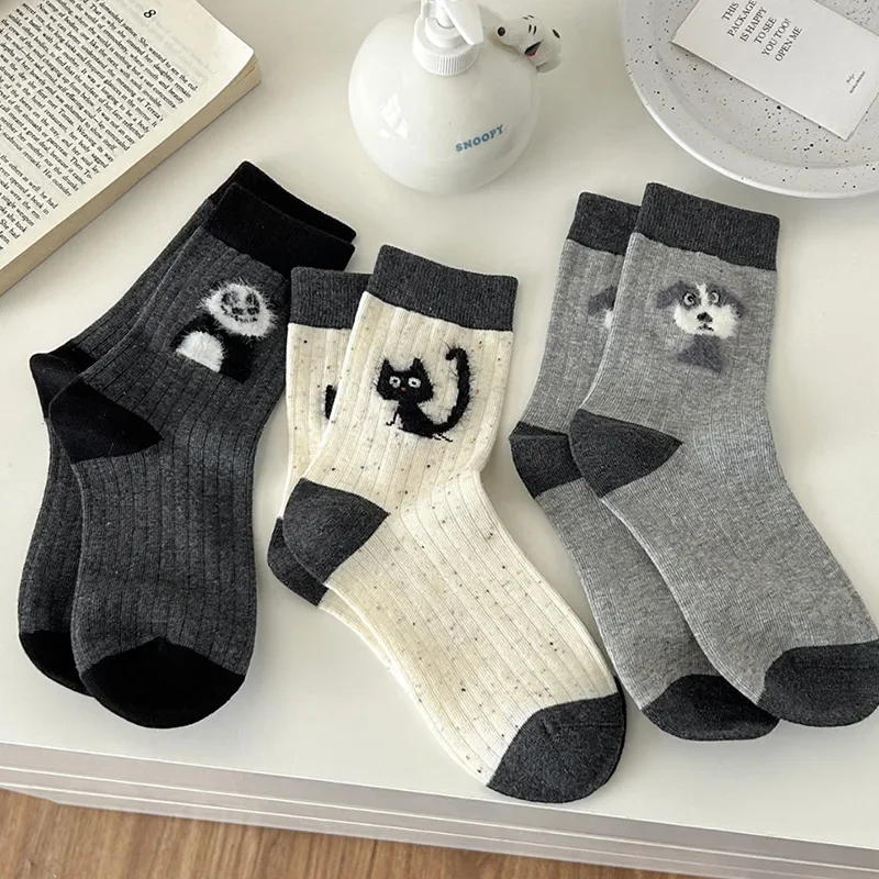 Caroon Cat Dog Panda Embroidery Print Kawaii Cute Socks Women Korean Fashion Harajuku Retro Streetwear Long Socks Gifts