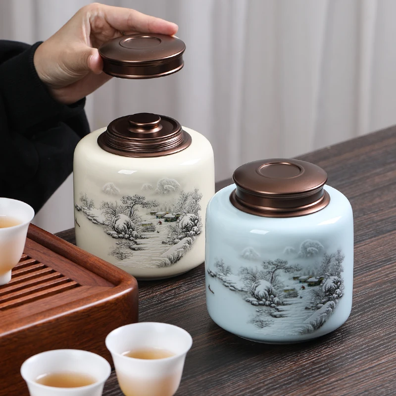 Classical Ceramic Tea Box with Metal Lid Candy Jar Mountain Water Sealed Household Nuts Coffee Bean Storage Container