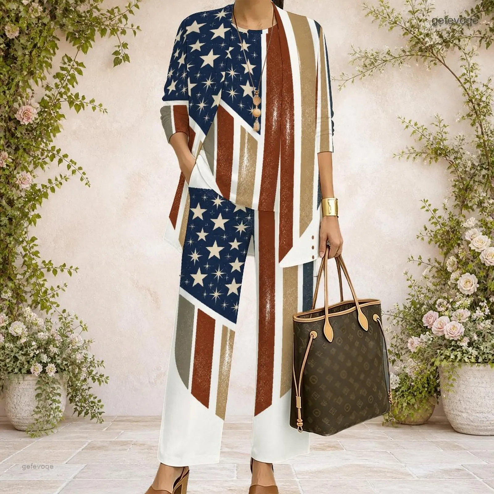 Women 3 Piece Outfit Mid Sleeve Open Cardigan With Tank Top And Wide Leg Pants Set Custom Print Ladies Casual Loungewear