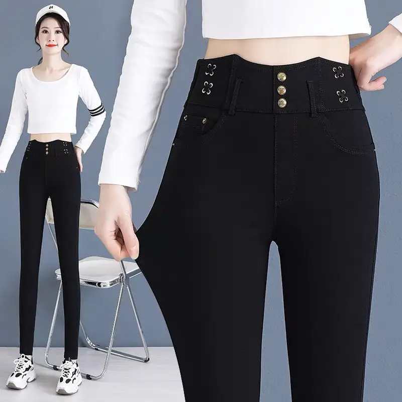 Korean Elastic High Waist Jeans with Arctic Plush Autumn Winter New Solid Button Zipper Fashion Slim Black Straight Pencil Pants