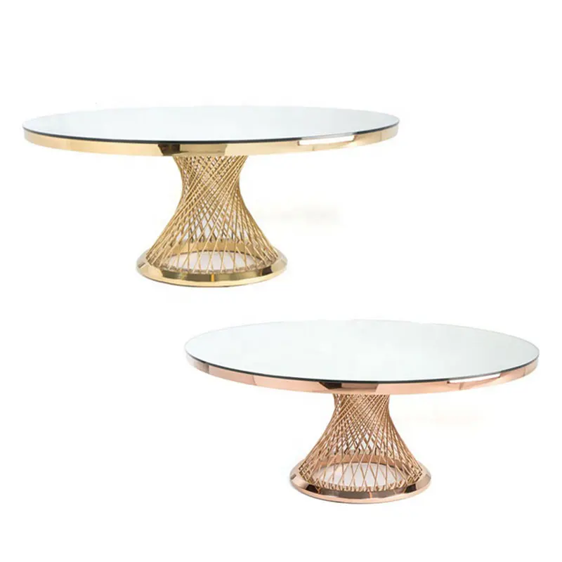 

New 6ft Dining Table Gold Metal Frame Mirrored Glass Top Round Wedding Tables