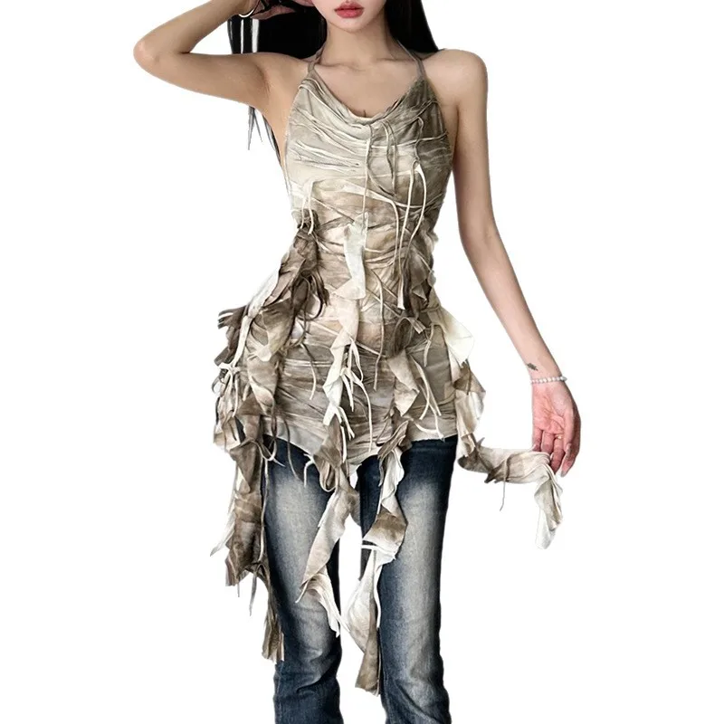 Mini Abito Elegante con Decorazione a Nappine Irregolari, Halter, Spalle Scoperte, Stile High Street per Ragazze Alla Moda