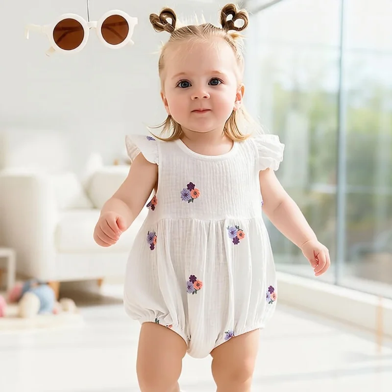 2026 Summer Soft 0-2Y Newborns Bodysuit Thin Infant Rompers Floral Embroidery Toddler Jumpsuits Daily Baby Girl Clothes