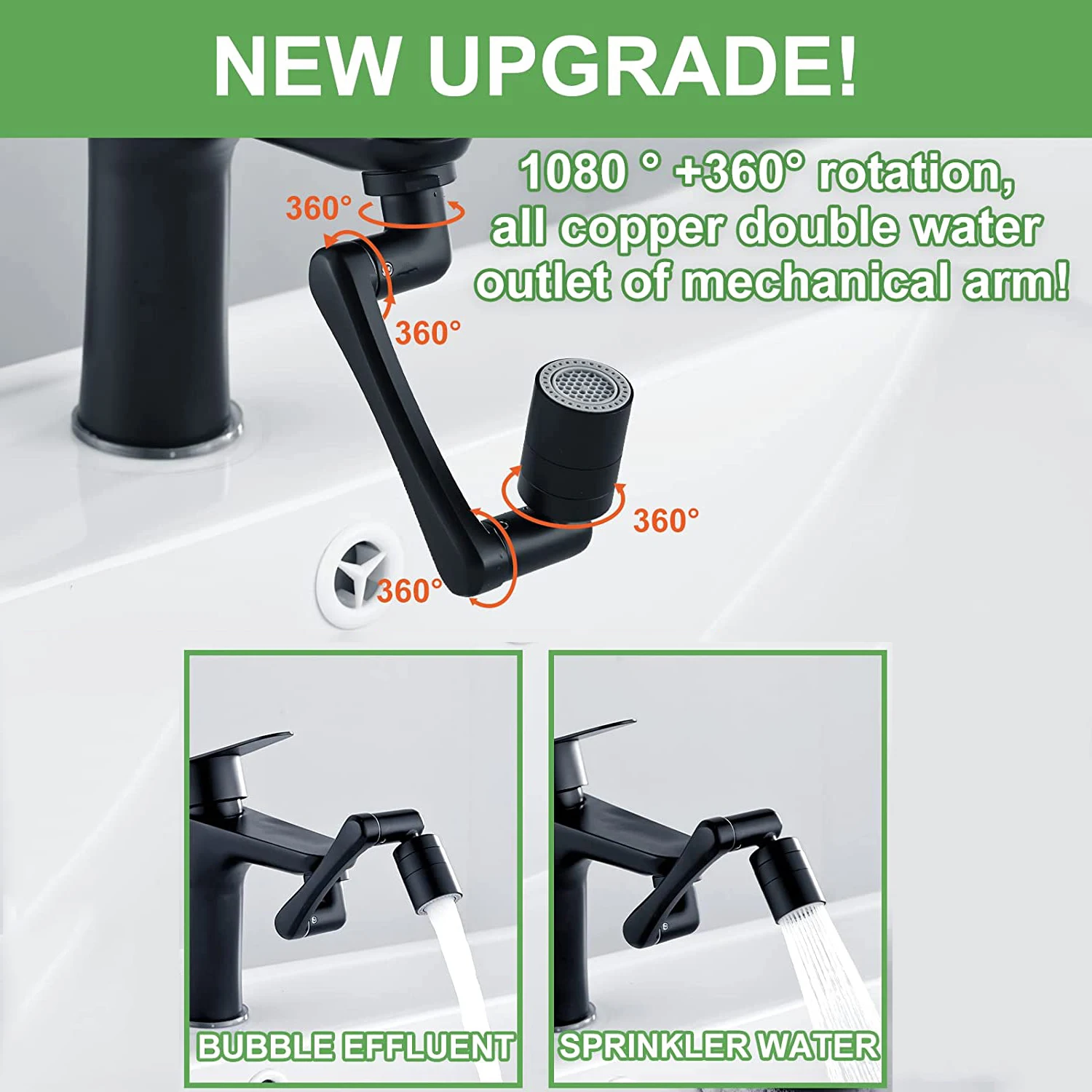 Universal 1440 Degree Rotatable Extension Faucet Sprayer Head Black 2 Modes Bathroom Tap Extend Adapter Aerator Faucet Extender