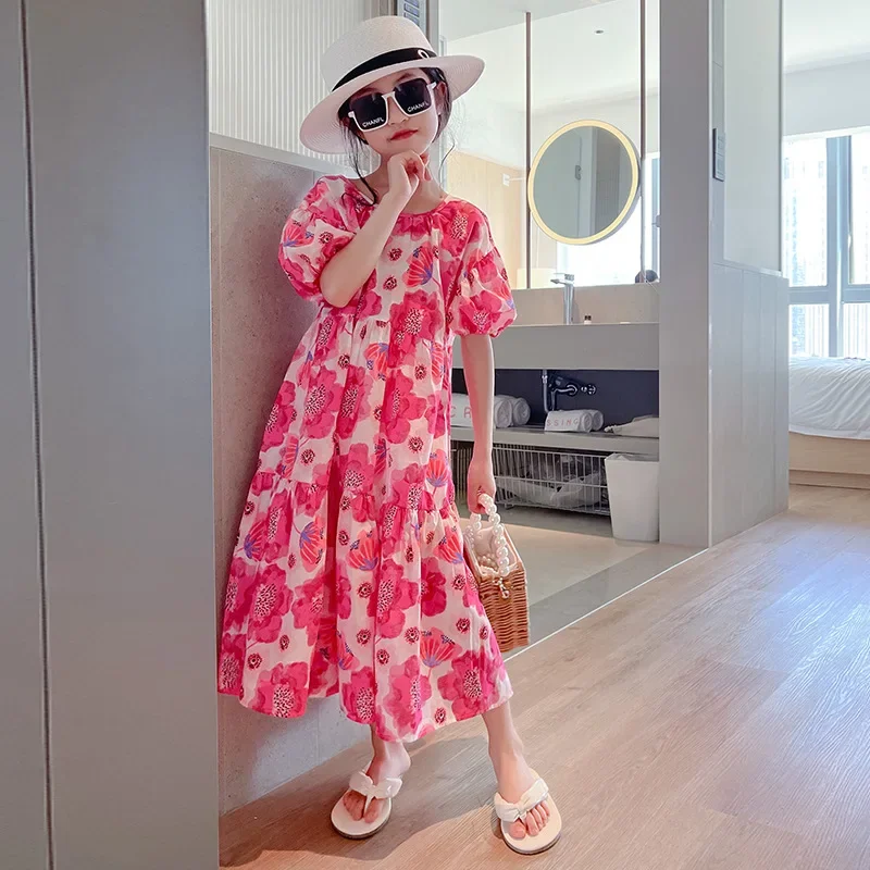 Girls Big Flower Dress 2026 New Summer Children Loose Korean Puffed Short Sleeved Princess Long Dresses Kids Clothes for Teen