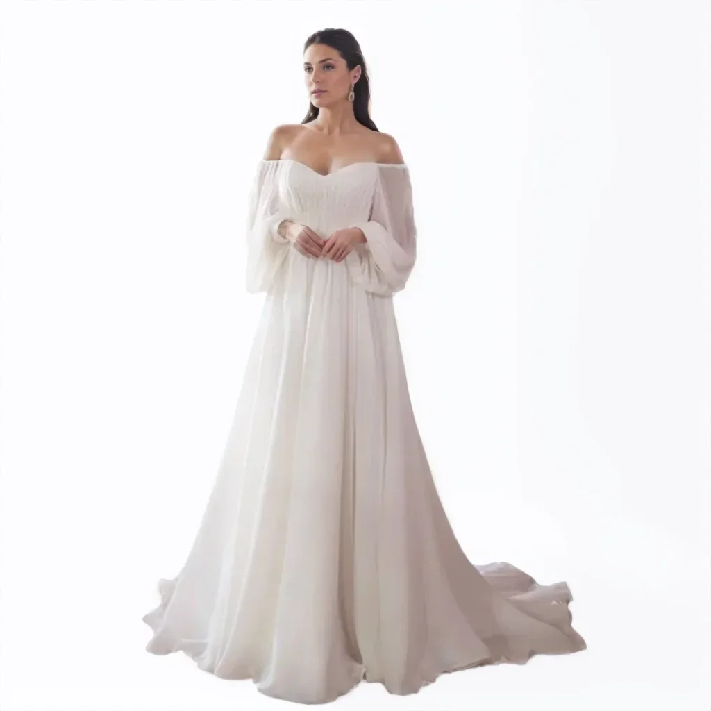 

Sexy Off Shoulder Double V-neck Long Sleeves White Long Formal Dress