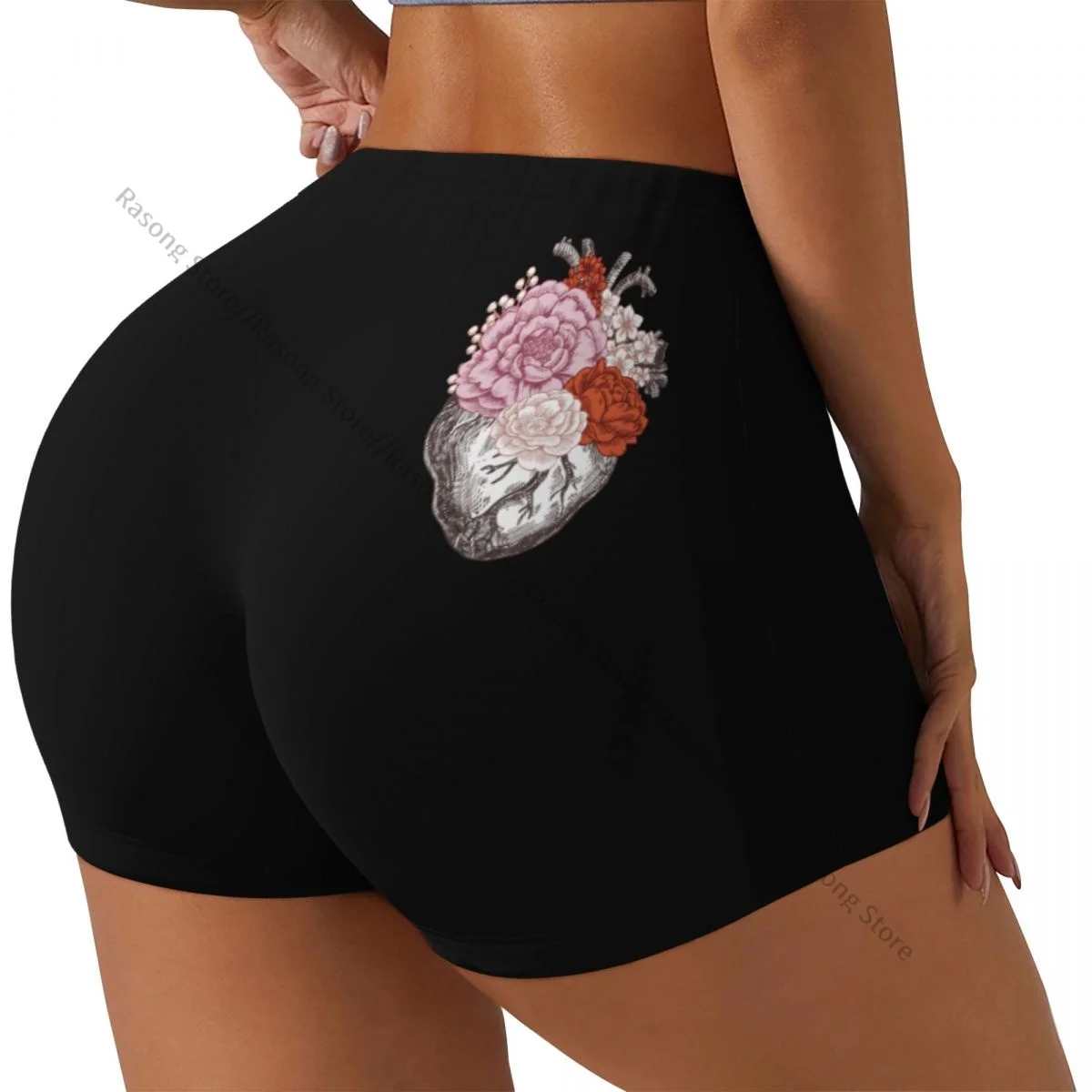 

Женские шорты для йоги, винтажные анатомические цветочные романтические анатомические шорты с сердцем, подтяжка ягодиц, комфортный фитнес-зал