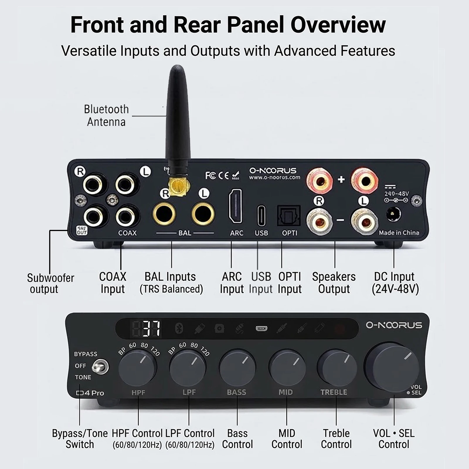 O-NOORUS D4 PRO TPA3255 PFFB Stereo High-pass Filter and Low-pass Filter Amplifier with Balance HDMI EARC/ARC Bluetooth USB Opti