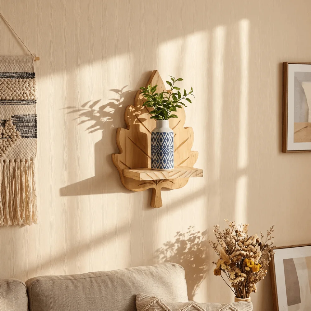 Wooden Maple Leaf Wall Shelf Nature Style Stable Wooden Leaf Floating Shelf with Screws Decorative Wall Mounted Leaf Shelf