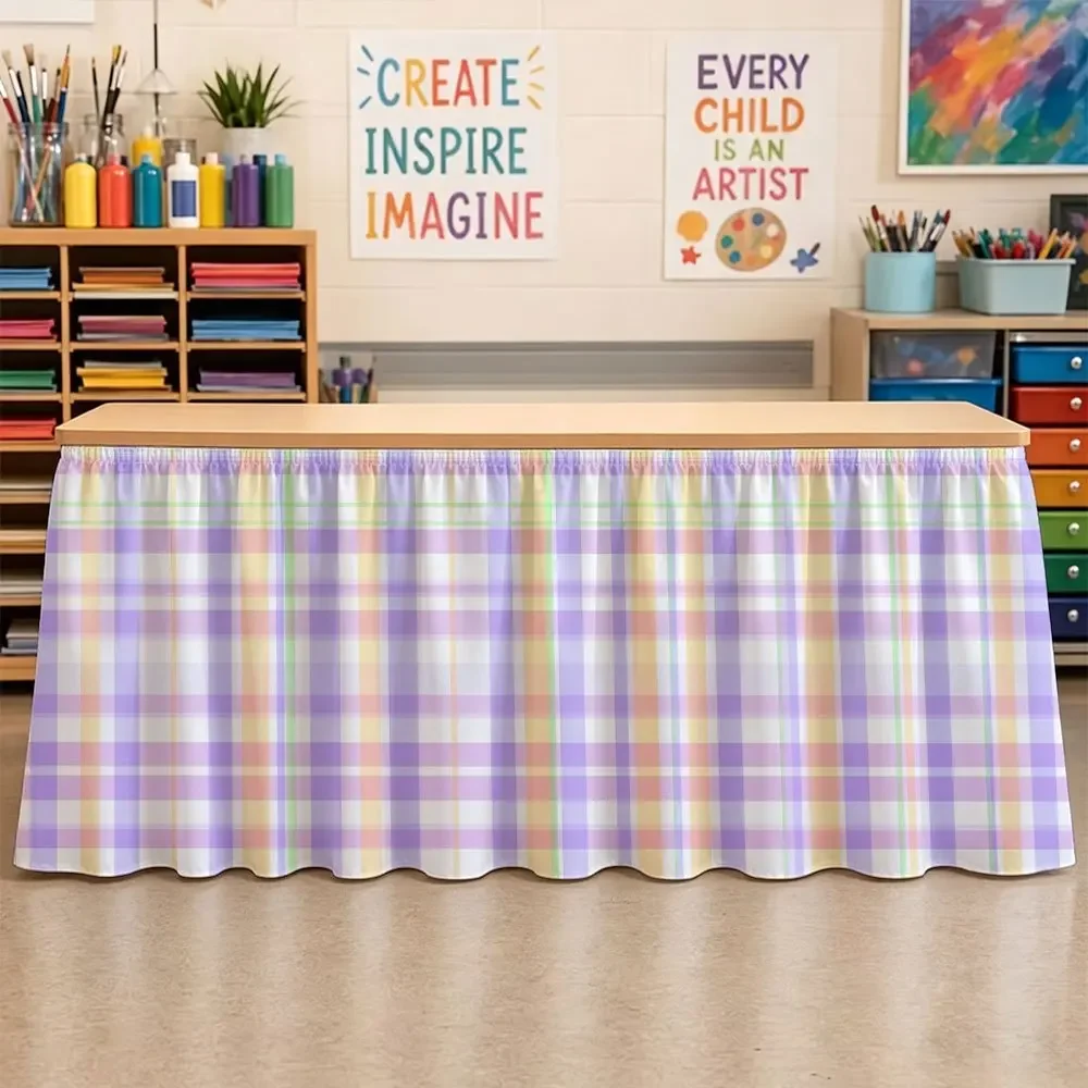 1 piece of pastel checkered table skirt with elasticated hem. Suitable as a festive gift table skirt for classroom parties.