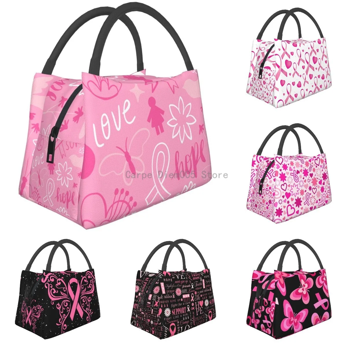 Breast Cancer Pink Ribbon Lunch Bags Insulated Lunch Bag, Reusable Box Tote Meal Prep Container For Men & Women Work