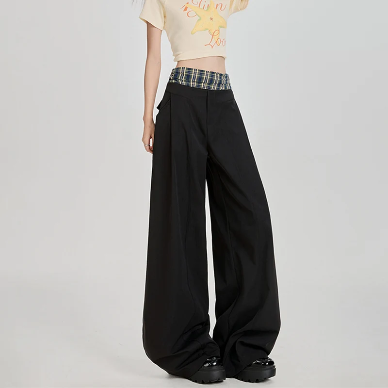 

Autumn Plaid Patchwork Wide Leg Pants Women New American Streetwear Khaki Pant Chic Contrast Color Baggy Floor-Length Trousers