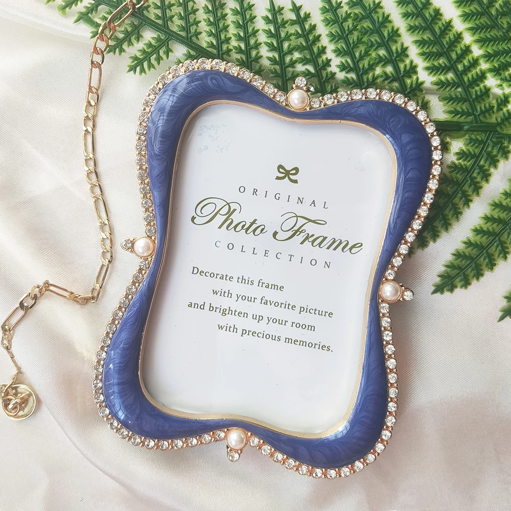 

3.5/5 Inch Photo Frame Pearl Diamond Blue Picture Display Frames Home Vintage Desktop Decorative Ornaments Gift Photo Frame