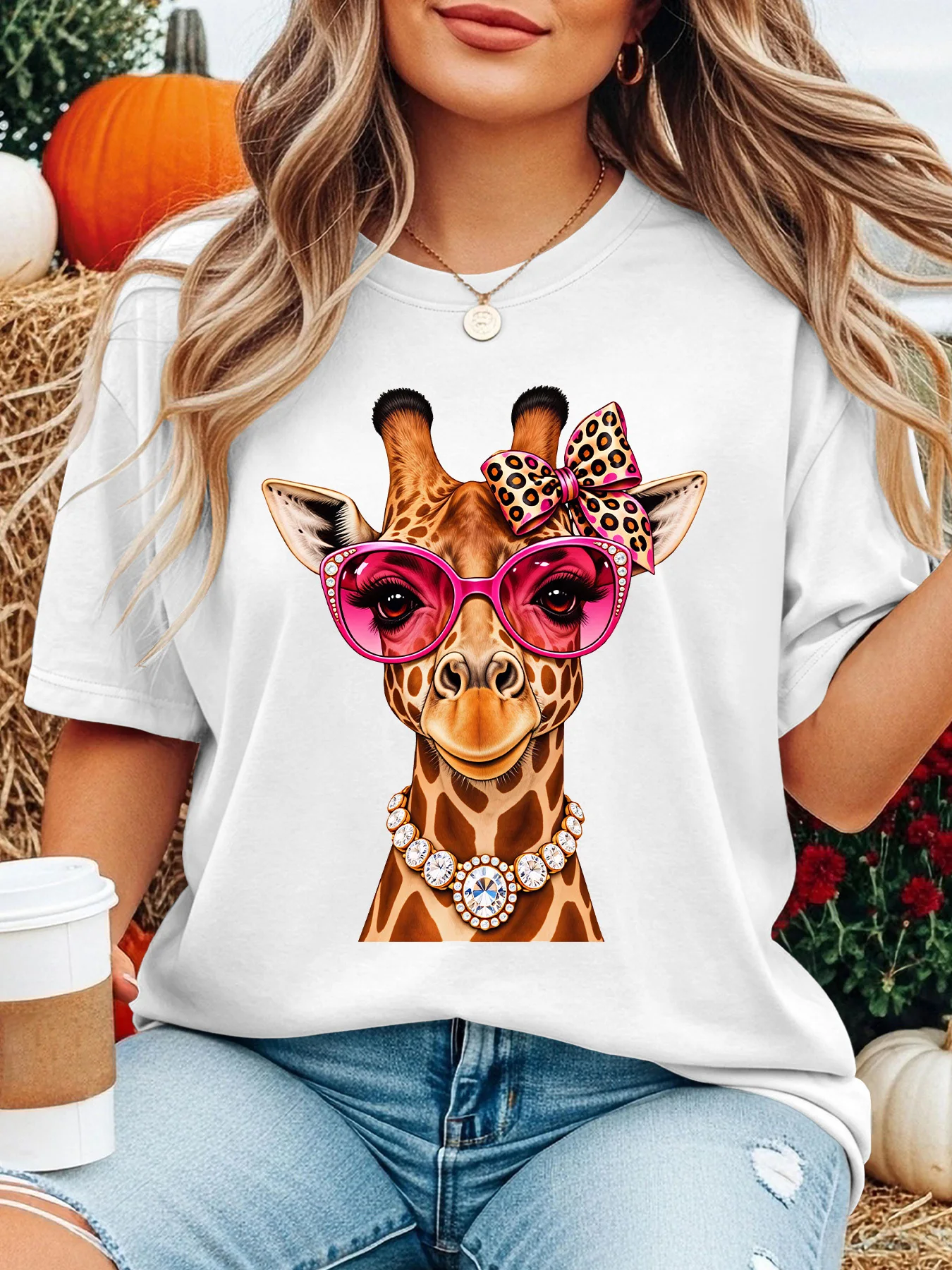 Women Crew Neck Tee Fancy Giraffe Pink Sunglasses Graphic Print Short Sleeve Loose Ladies Summer Cotton Plus Size Casual Top