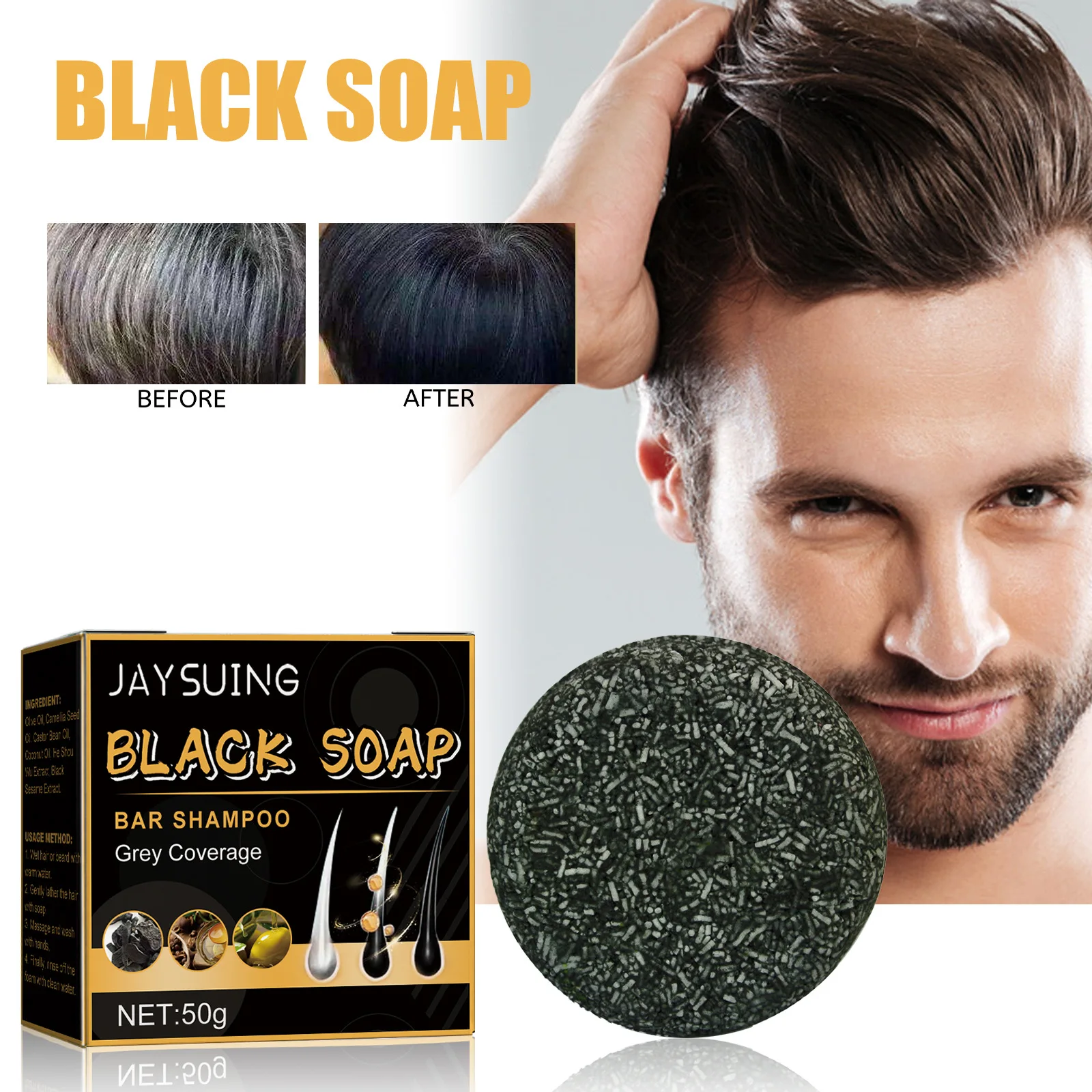 

New 50g Soap Hair Darkening Shampoo Bar Repair Gray White Hair Color Dye Hair Shampoo Natural Grey Gloss Black Soap