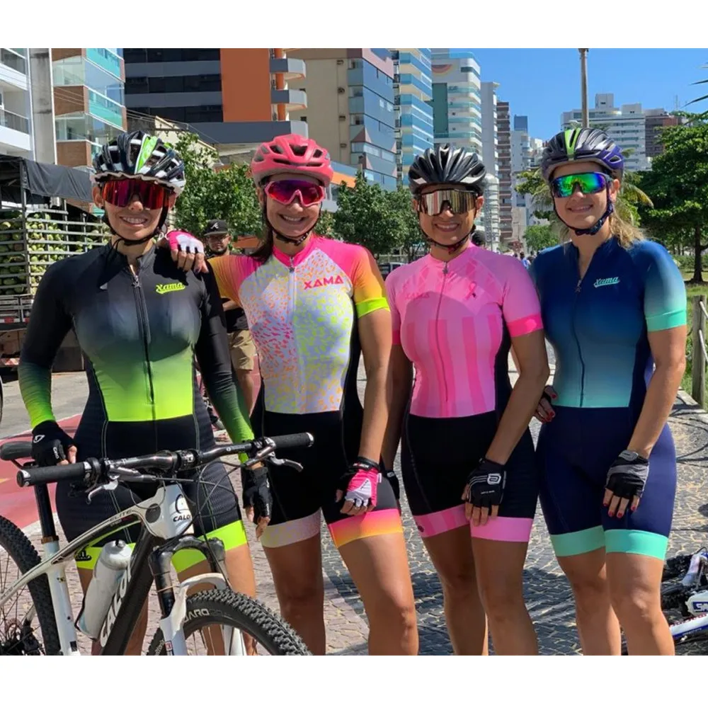 

XAMA Women's Summer Short-Sleeve One-Piece Cycling Suit, Mountain Bike Specific, Ankle Straps, Breathable Lightweight