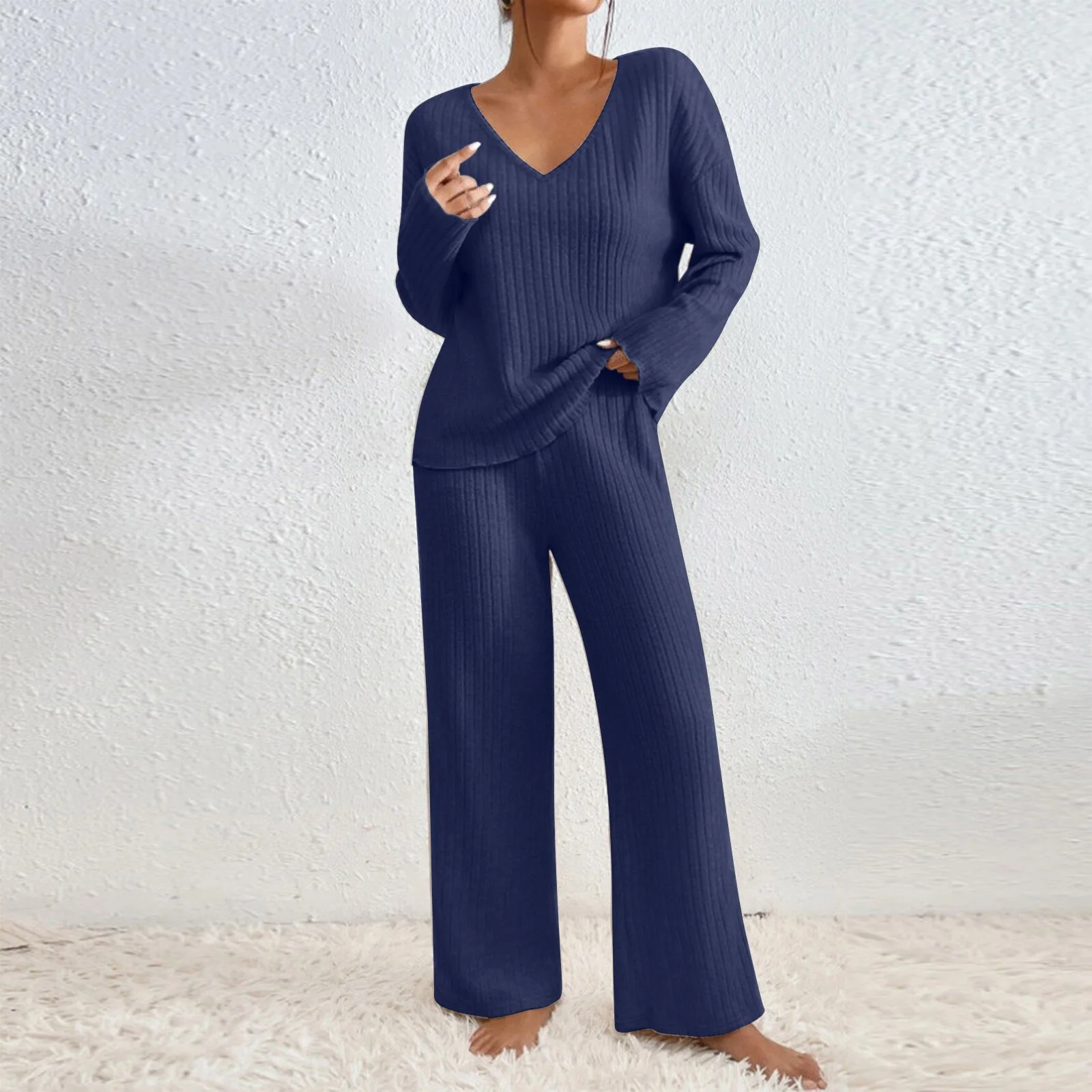Damen Geripptes Strick-Zweiteiler-Set V-Ausschnitt Langarm-Oberteil Weite Hose Herbst Locker Lässige Loungewear Eleganter Hausanzug – Detail 19