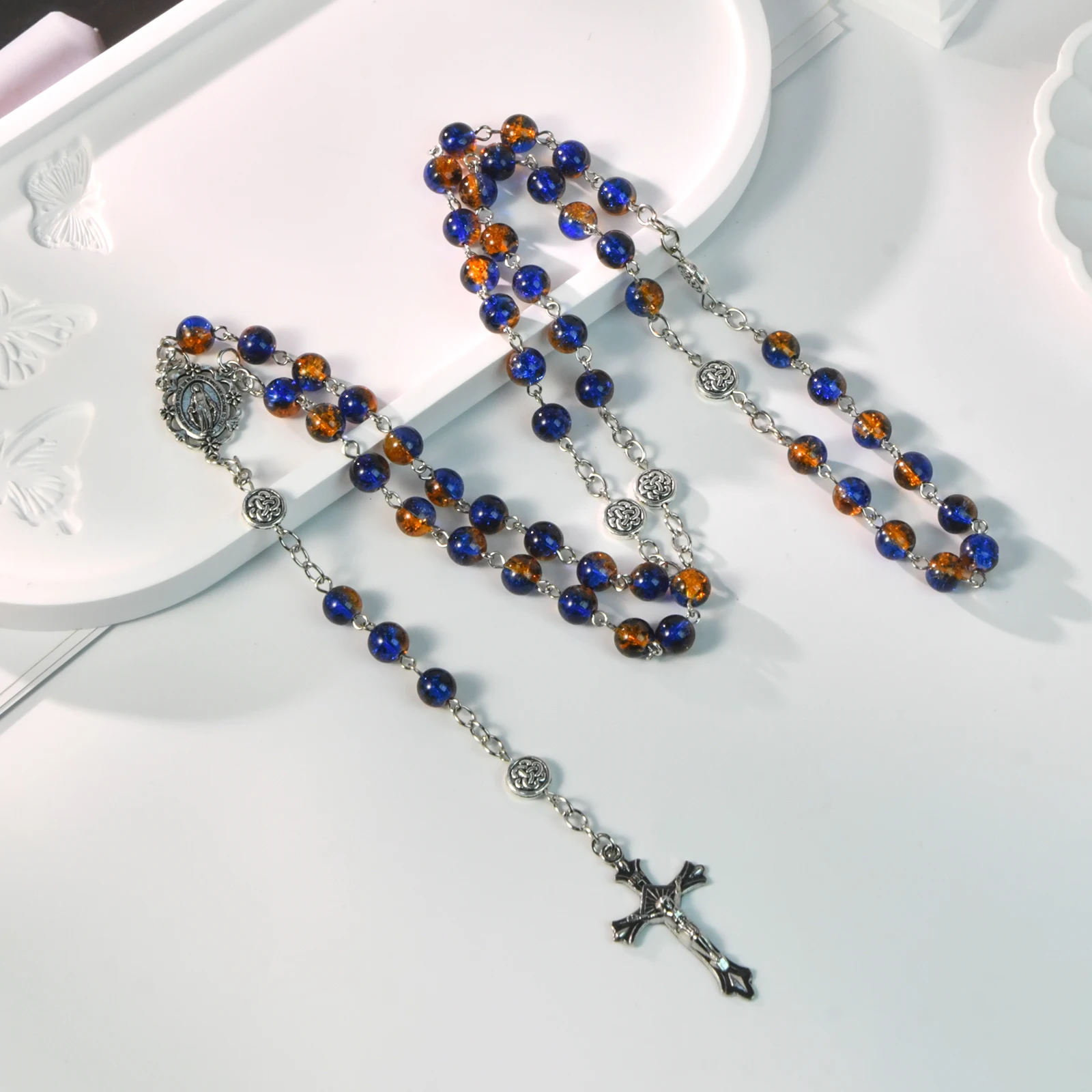 Catholic Rosary Beads Neclace- Blue & Amber Crackle Glass Beads Prayer Rosary Necklace for Women Religious Gifts