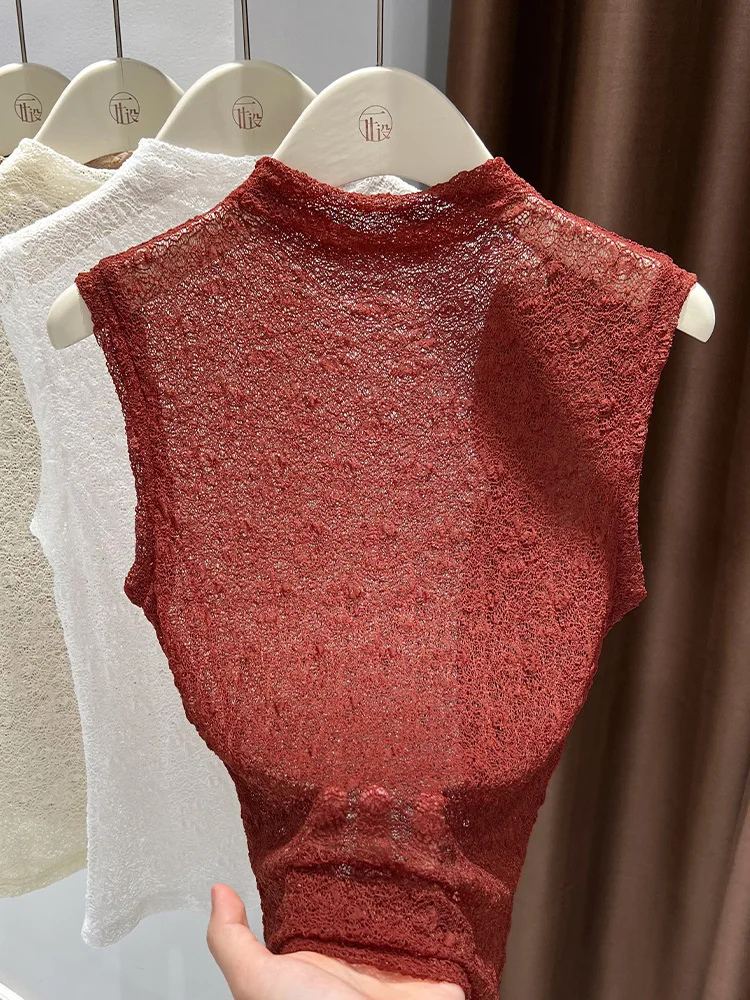 Lace Trim Mesh Tank Top Women's Base Layer Shirt Sleeveless High Collar Inner Wear Fake Collar Autumn Fashion Commute Style