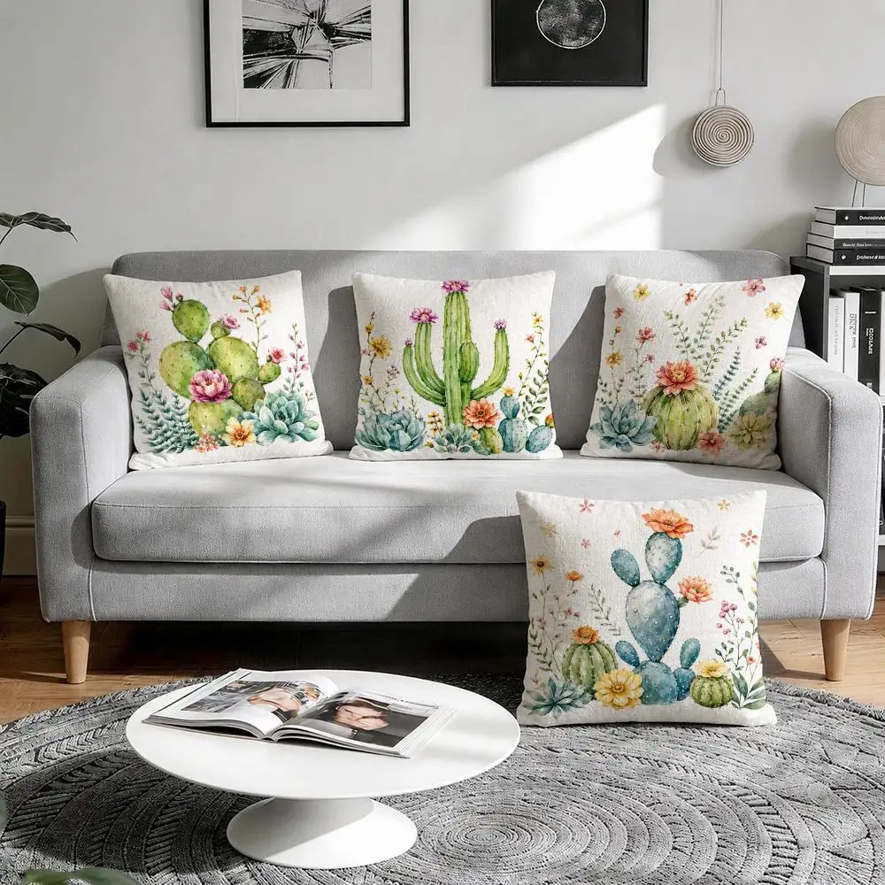 Tropical Cactus Cushion Cover Natural Breathable Durable Linen Printed Decor Pillow Case Sofa Bedroom